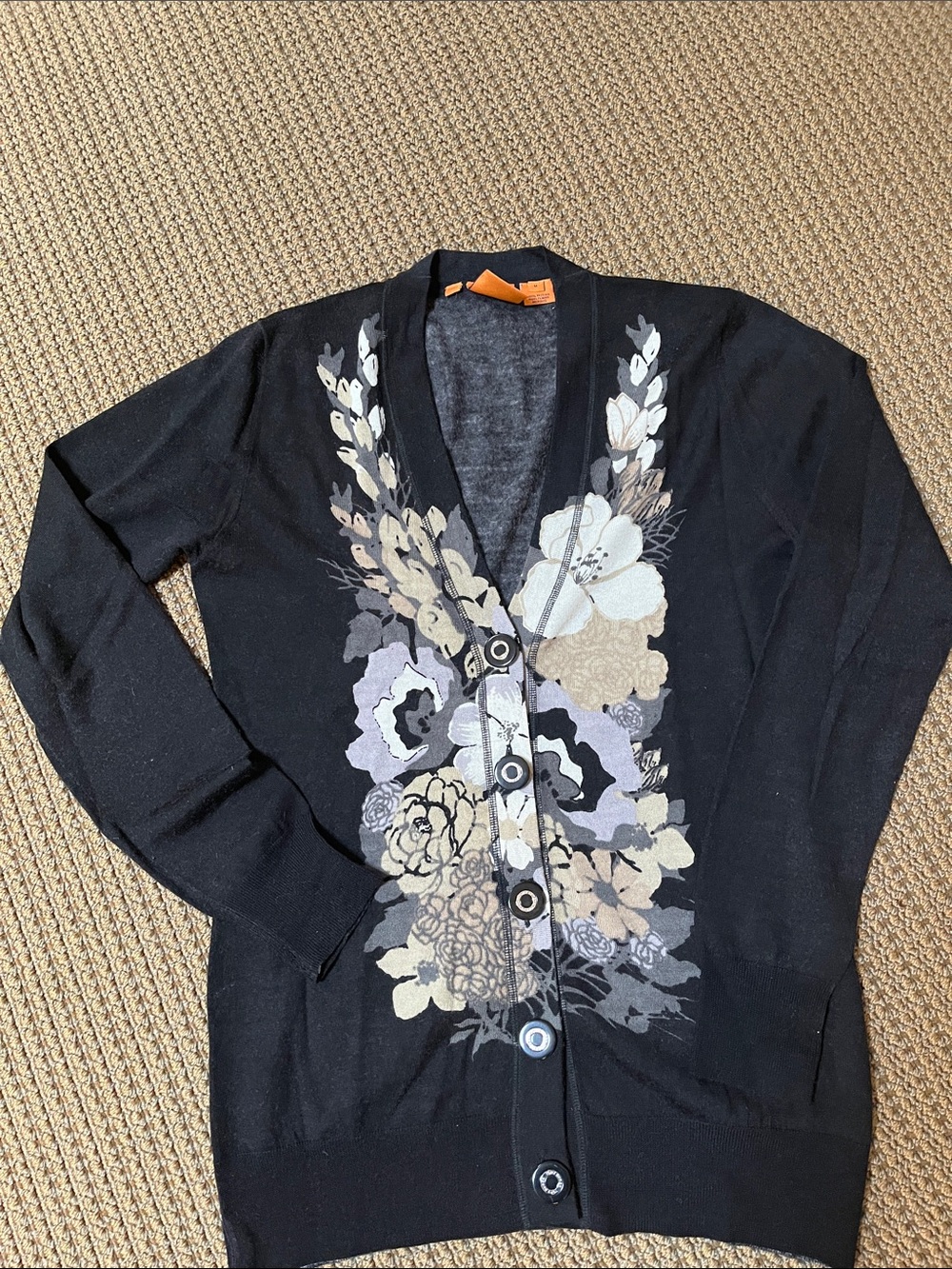 Tory Burch Black/Dark Gray V Cardigan Floral Tan Beige M